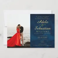 Midnight Blue Photo Modern Monogram Formal Wedding Invitation