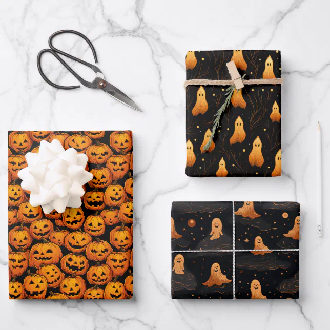 Halloween Ghost & Jack O Lantern Wrapping Paper Sheets