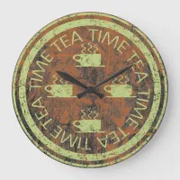 Tea Time Green on Rust Large Clock