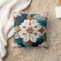 Elegant White Flowers With Teal Leaves in Bloom Throw Pillow