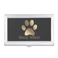 Elegant Paw Print Logo In Charcoal And Gold Business Card Case