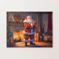 Santa Delivers Gifts by a Warm Christmas Fireplace Jigsaw Puzzle