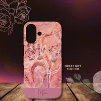 Pretty Girly Salmon Pink Flowers Marble iPhone 16 Case