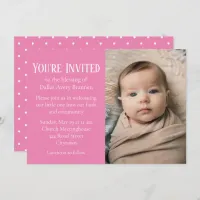 Tiny White Spots on Pink Photo Baby Blessing Invitation
