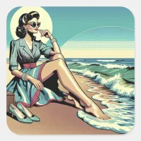 1950's Retro Woman Sitting on the Beach Square Sticker