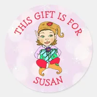 This Gift is For, Girl Elf with Gift Purple Classic Round Sticker