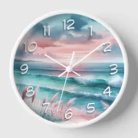 Beautiful Ocean Scene in Pink and Blue Clock