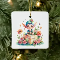 Personalized Christmas Elf Watercolor Illustration Ceramic Ornament