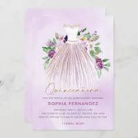 Purple gold glitter Floral Dress Quincea&#241;era Invitation