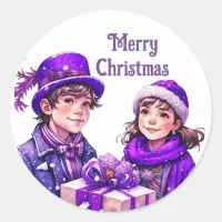 Purple Vintage Merry Christmas Classic Round Sticker
