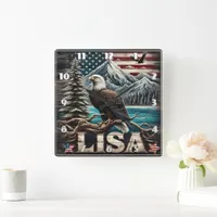 Bald Eagle Perched On Branch Against Mountain View Square Wall Clock