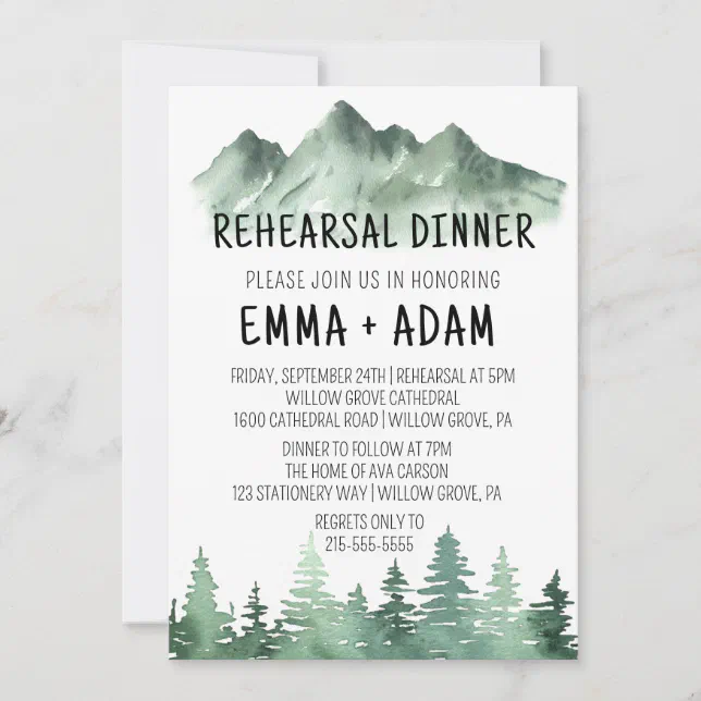 Rustic Mountain Watercolor Forest Tree Rehearsal Invitation