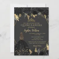 Elegant Black Gold Floral Princess Quinceañera Invitation