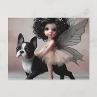 Fairy Riding a Boston Terrier Fantasy Postcard