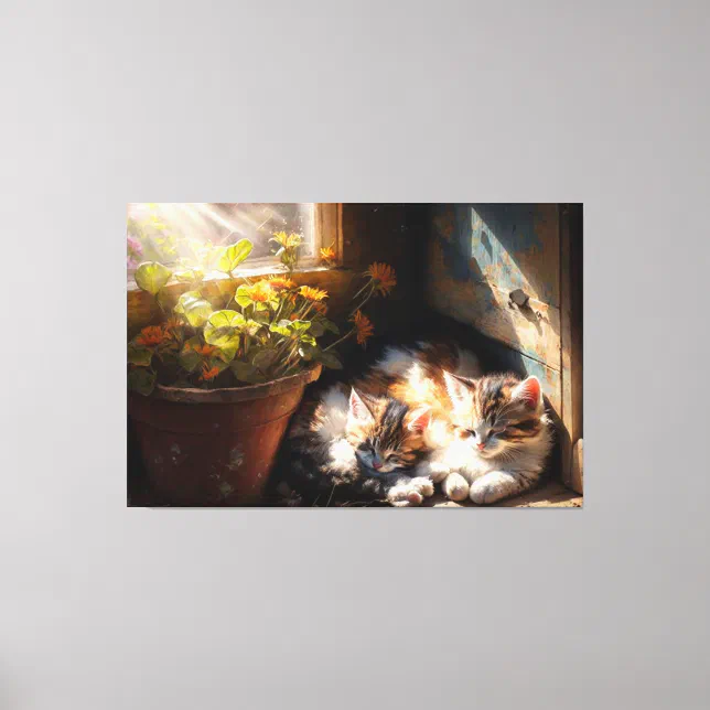 Napping Kittens in the Garden Shed Oil Painting Canvas Print