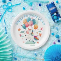 Funny Flying Unicorn Rainbow Colors 1st Birthday Paper Plates