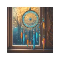 Dreamcatcher in a Window Fall Leaves Metal Print