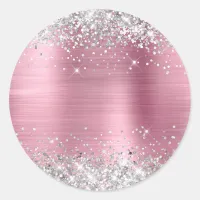 Silver Glitter Metallic Light Pink Blank Classic Round Sticker