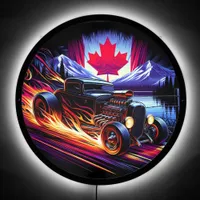 Hotrod racing through Canadian mountains at sunset LED Sign