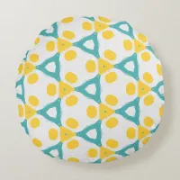 Modern Teal Blue Yellow & White Geometric Pattern Round Pillow