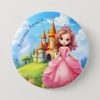 Cute Princess in a Fairy Tale Castle Personalized Button