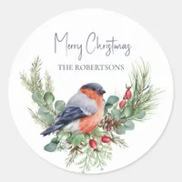 Watercolor Christmas Bullfinch Winter Bird Classic Round Sticker