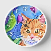 Cute Watercolor Orange Cat Clock