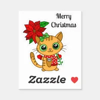 Merry Christmas Orange Cat with Poinsettia Sticker