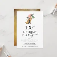 Elegant Floral Gold High Heels 100th Birthday Invitation