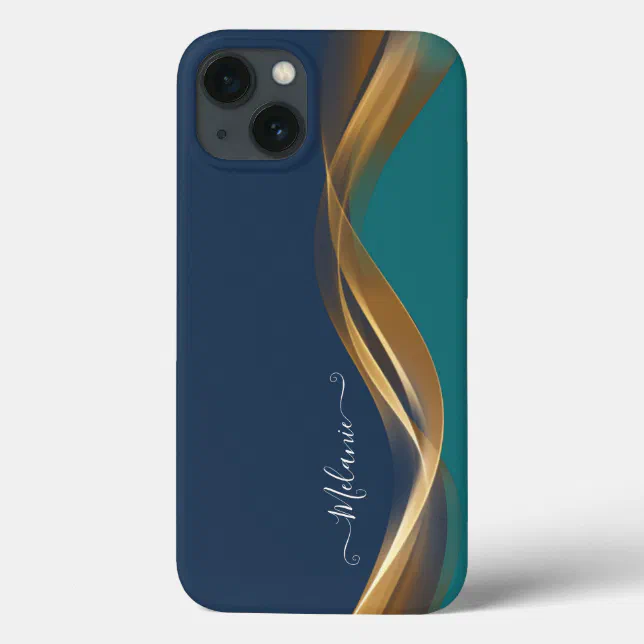 Elegant Gold Waves Blue Teal with Name Case-Mate iPhone Case