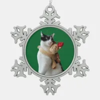 White and Black Cat & Reindeer Christmas Toy Snowflake Pewter Christmas Ornament