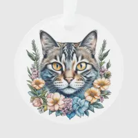 Cute Watercolor Cat with Flowers Christmas Ornament