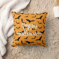 Happy Halloween Pumpkin Orange Black Bats Spooky Throw Pillow