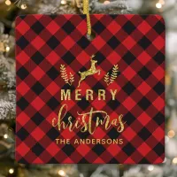 Buffalo Plaid Merry Christmas Monogram Ceramic Ornament