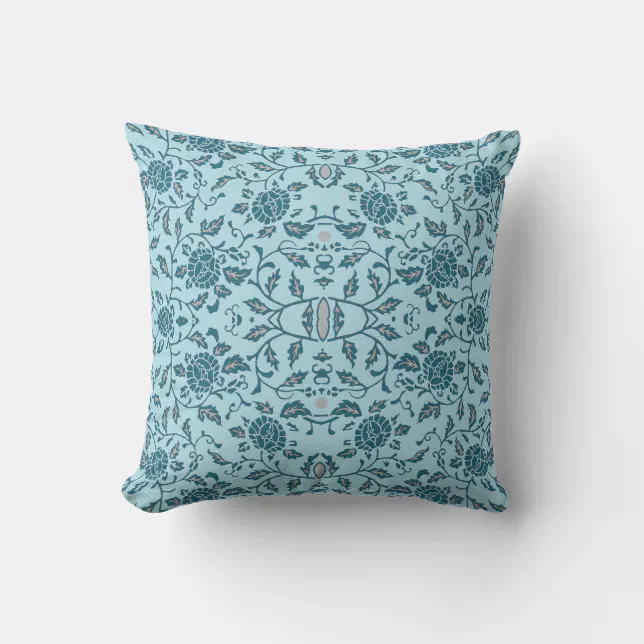 Elegant Flowery Teal Damask Throw Pillow