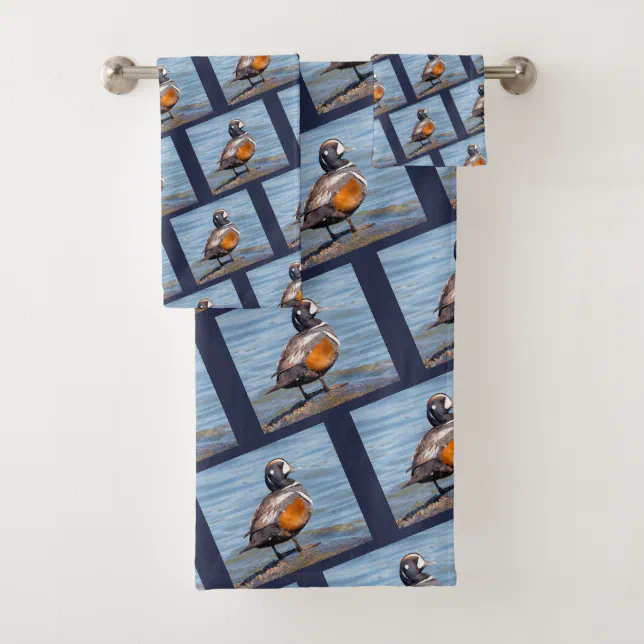 Beautiful Harlequin Duck on the Rock Bath Towel Set