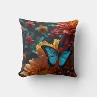 Enchanted Garden Blue Butterfly Vibrant Blooms Throw Pillow