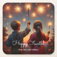 Happy Fourth Children with Sparklers Personalized Square Paper Coaster