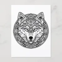 Black and White Wolf Coloring Book Style Postcard