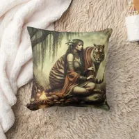 Native American Woman Sitting With Tiger by Water Throw Pillow