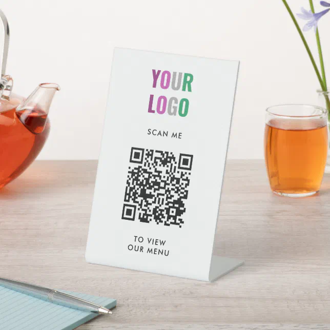 QR Code White Menu Logo Contactless Modern Cafe Pedestal Sign