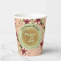 Peace & Joy, Pink Green Gold Poinsettia Christmas Paper Cups