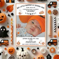 Little Pumpkin Cute Ghost Photo 1st Birthday Invitation