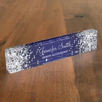 Silver Glitter Navy Blue Gradient Desk Name Plate