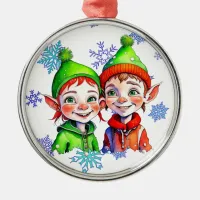 Vintage Christmas Boy and Girl Elves Metal Ornament