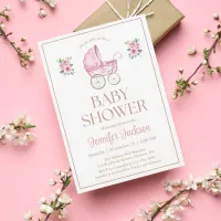 Watercolor Pink Floral Baby Girl Carriage Shower  Invitation