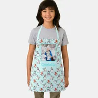 Daughter Photo And Name Snowman Pattern Mint Green Apron