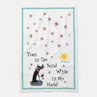 Toes in the Sand Wine in My Hand Funny Beach Cat K Kitchen Towel
