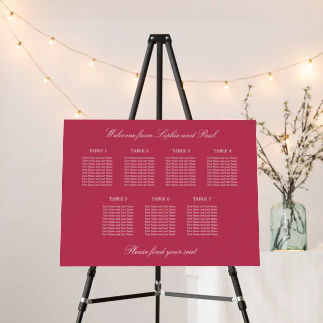 Carmine Magenta 7 Table Wedding Seating Chart Foam Board