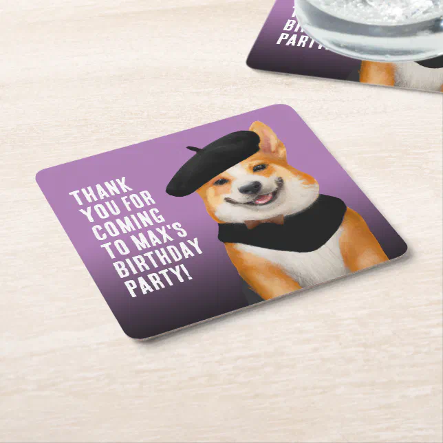 Cute Chic Corgi Dogs Birthday Thank You Square Paper Coaster